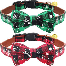NEW Winter Snowflake Bow Tie Dog Cat Collars red &amp; green plaid set of 2 S M or L - $8.95