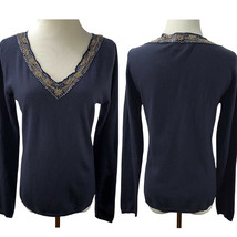 TSE Cashmere Lambswool Beaded Neckline Blue Gray Sweater Size M Lightweight - £35.69 GBP