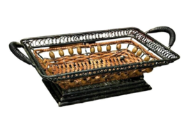 Woven Wicker and Metal Rectangle Basket Wooden Beads and Coil Handles 17 x 9.75&quot; - £16.81 GBP