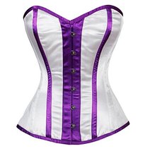 Purple Stripes White Satin Goth Burlesque Overbust Corset Waist Training Bustier - £55.96 GBP