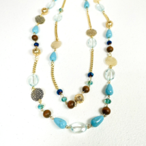Bocar Necklace 2 Strand 34&quot; Beaded Gold Tone Chain Blue Brown Gold Coastal Beach - £11.41 GBP