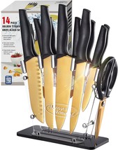 Marco Almond® Golden Titanium Knife Set With Acrylic Stand,, Black Handle. - £71.94 GBP