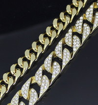 Mens 2pc CZ Bracelet Set Cuban Links 14k Gold White Gold Plated Hip Hop Fashion - £11.21 GBP