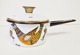 VTG Georges Briard Enamelware Sauce Pan Pot w Lid Rooster Hen Chicken 4.5&quot; RARE - £55.80 GBP