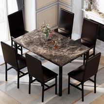 7 Piece Dining Table Set For 6, Faux Marble Kitchen Table With 6 Pu Leather Chai - $207.99