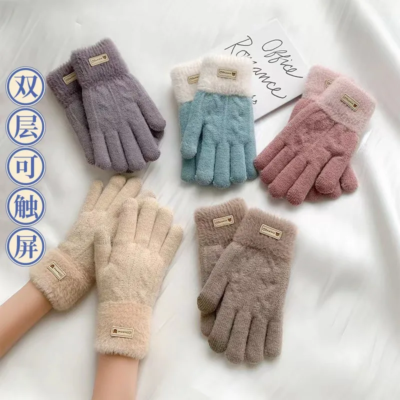 Wool gloves women s winter plus fleece thickened cycling warm touch screen double color thumb200