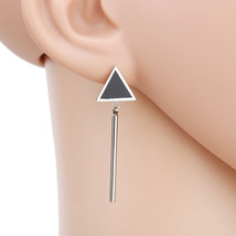 Silver Tone Earrings With Black Faux Onyx Triangle &amp; Dangling Bar - $23.99