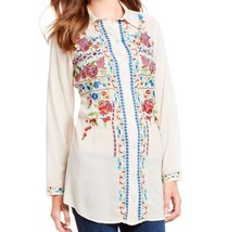 Skully Tunic Top Embroidered Cream Long Sleeve Button Down Blouse Boho F... - £23.48 GBP