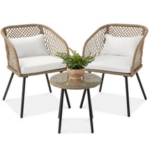 Bistro Set 3-Piece Outdoor Diamond Weave Wicker W/ Tempered Glass Side Table - £238.85 GBP