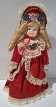 Vtg Victorian 8&quot; Porcelain Collector Doll Curly Blonde Red Velvet Lace Dress Hat - £6.63 GBP