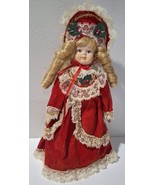 Vtg Victorian 8&quot; Porcelain Collector Doll Curly Blonde Red Velvet Lace D... - £6.65 GBP