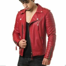 Genuine Soft Lambskin Leather Jacket Stylish Men&#39;s Fashionable Red Biker Motor - £84.37 GBP