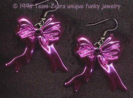 Funky Hot Pink Shiny Ribbons Bows Earrings Cute Kawaii Novelty Costume Jewelry - £5.47 GBP