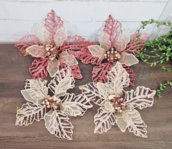 Pink Rose Gold Flower Glitter Clip On Christmas Ornaments Tree Home 9&quot; S... - $22.99