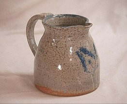 Primitive Stamped Stoneware Art Pottery Speckled Crock Pitcher Blue Floral - £79.12 GBP