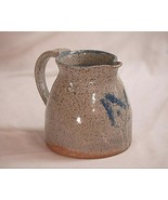 Primitive Stamped Stoneware Art Pottery Speckled Crock Pitcher Blue Floral - £77.84 GBP
