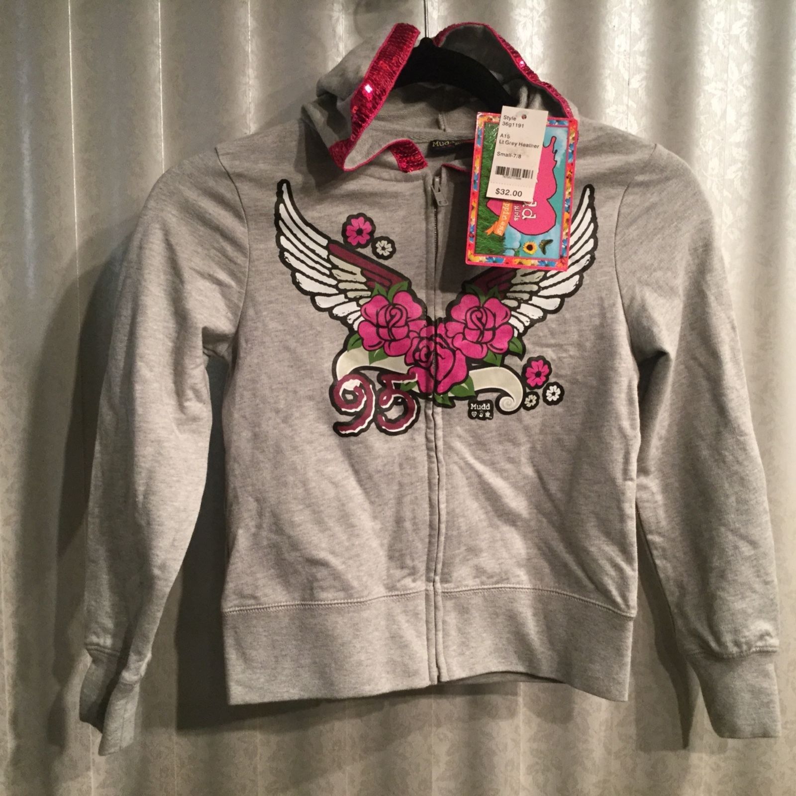 NWT Mudd Girls Gray Hoodie Jacket Sequins Roses Small - $16.00
