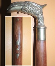 Vintage Cane / Walking Stick 37&quot; brass eagle handle inlaid Walnut? wood wooden - £66.77 GBP