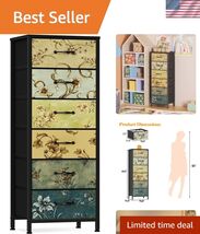 Sturdy 6-Drawer Vintage Dresser with Fabric Storage Bins - Safe and Stylish - $96.01