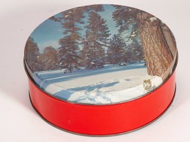 Vintage Round Cookie Tin - Winter Landscape Scene on Detachable Lid - £7.59 GBP