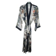 Diamond Tea Satin Long Kimono Robe Floral Women Size Small White Blue Ta... - $26.81