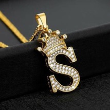 1.25Ct Real Moissanite Crown Initial Letter &quot;S&quot; Pendant 14K Yellow Gold Plated - £104.62 GBP