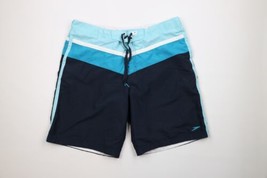 Speedo Mens Size XL Spell Out Striped Lined Swimming Swim Trunks Shorts Blue - $29.65