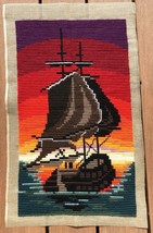 Vintage Completed MCM Needlepoint Embroidery Galleon Ship Sunset Unframed 13x23 - $49.49
