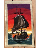 Vintage Completed MCM Needlepoint Embroidery Galleon Ship Sunset Unframe... - £39.56 GBP