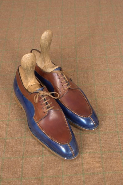 Handmade Oxford Blue Brown Cont Rounded Apron Split Toe Real Leather Men's Shoes