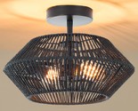 2-Lights Woven Rattan Ceiling Light Fixture, Black Farmhouse Hand-Woven ... - $73.99