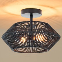 2-Lights Woven Rattan Ceiling Light Fixture, Black Farmhouse Hand-Woven Cage Sem - £59.32 GBP