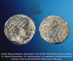 281-261 BC Grec Seleucid Empire Antiochus I Soter Ar Argent Drachm 3.75g Pièce - £77.66 GBP