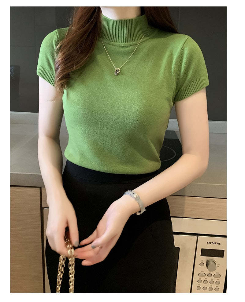 Primary image for Women Turtleneck Short Sleeve Knitted Blouse Shirt Tops_