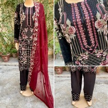 Pakistani Black 3Pcs Fancy  Chiffon Dress with embroidery &amp; Squins work,XL - £89.67 GBP