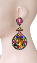 4" Long Multicolor Acrylic Rhinestones Clip On Statement Earring Costume Jewelry - £17.97 GBP