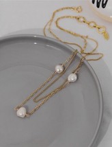18K Gold Victorian Double Chain Pearl Necklace -  asymmetric, sweater chain - £36.46 GBP