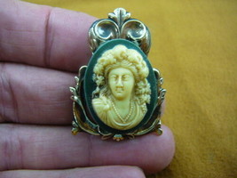(CS59-16) Women curls in hair grape leaves green CAMEO  brass Brooch pin Pendant - £23.15 GBP