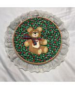 Hand Painted Christmas Teddy Bear Vintage Hoop Wall Hanging With Bow Lac... - $9.75