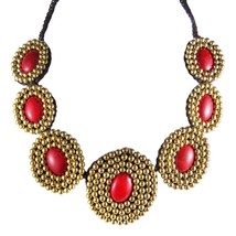 Eyecatcher Red Coral-Brass Bead Cotton Rope Necklace - £29.53 GBP