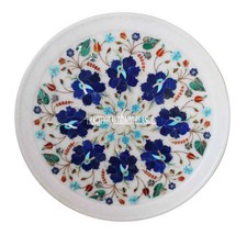 14&quot; White Marble Serving Plate Lapis Inlay Work Marquetry Home Decor Gifts - £468.27 GBP