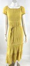 Davi &amp; Dani Maxi Dress Sz M Mustard Yellow Tiered Tie Waist Short Sleeve Womens - £31.65 GBP