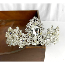 Clear Rhinestone Silver Tone Metal Tiara Crown Pearl Beaded Floral - $17.10