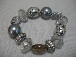 Bracelet Stretch SilverTone Multi Size Bead Gray Crystal Clear Gold Tone... - £10.23 GBP