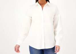 Candace Cameron Bure Ruffle Sleeve Poplin Button Front Shirt- White, Medium - £16.78 GBP