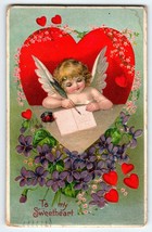Valentines Day Postcard Cupid Angel Hold Quill Pen Fantasy Embossed 1912 German - £8.59 GBP