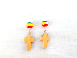 Natural Color Wooden Cross Cut Out And Rasta Color Bead Two Part Dangle Earrings - £6.78 GBP