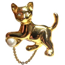 Vintage Cat Brooch Playing with Ball Faux Pearl Kitten Gold Tone - $30.43