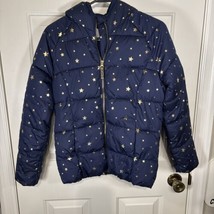 Old Navy Puffer Coat Jacket Youth XL 14 Navy Blue Gold Stars Celestial Hood - $18.69