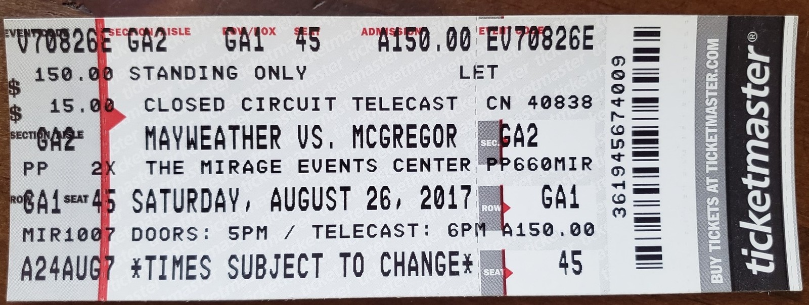 Mayweather vs McGregor Aug 26 2017 closed circuit Ticketmaster Ticket Stub  - $10.95